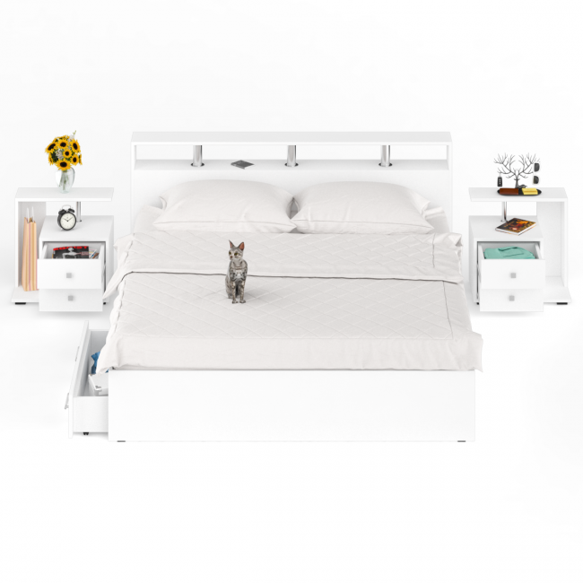 Кровать с ящиками 1800 Камелия + две тумбы цвет белый