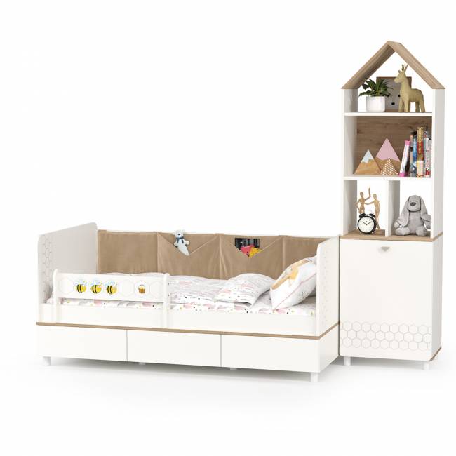 Кровать детская с тремя ящиками и открытый детский стеллаж Эйп цвет белый/дуб белый