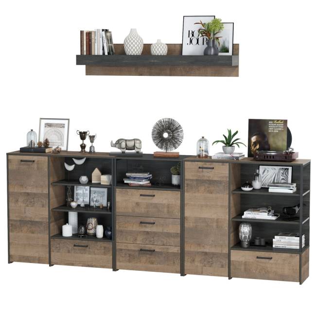 Два комода с дверкой и ящиком с навесной полкой и комодом с тремя ящиками Трувор цвет дуб гранж песочный/интра