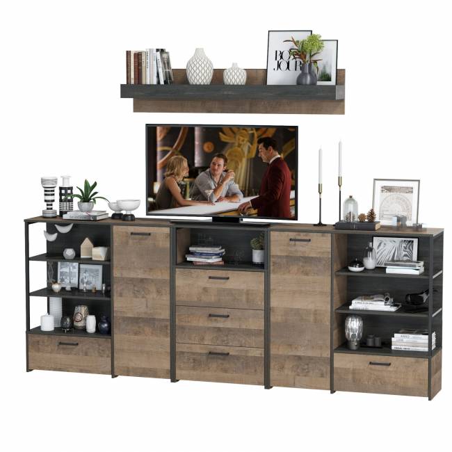 Два комода с дверкой и ящиком с навесной полкой и комодом с тремя ящиками Трувор цвет дуб гранж песочный/интра