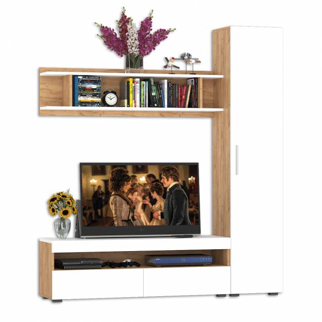 Стенка в гостиную Альба № 3 цвет дуб крафт золотой/белый премиум