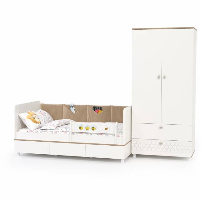 Детская кровать с ящиками для белья и шкафом для детской одежды Эйп цвет белый/дуб белый