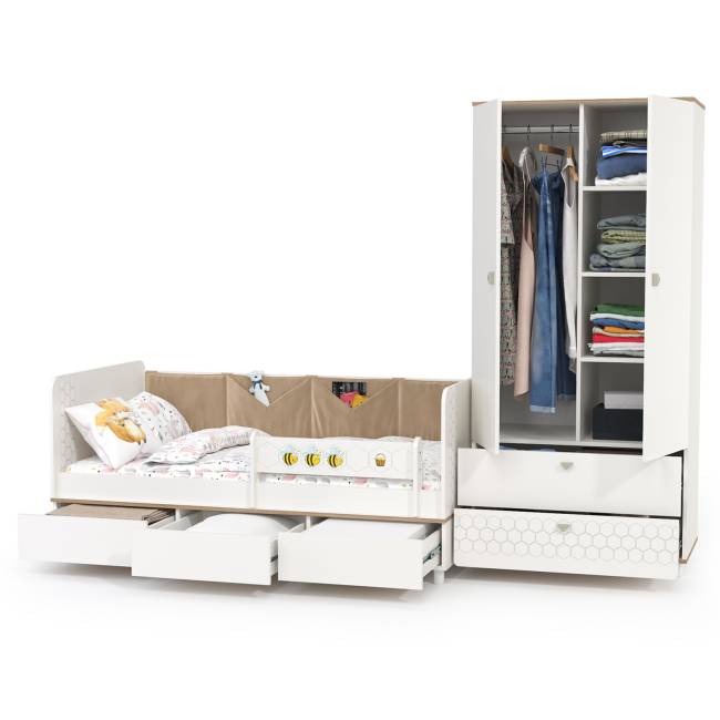 Детская кровать с ящиками для белья и шкафом для детской одежды Эйп цвет белый/дуб белый