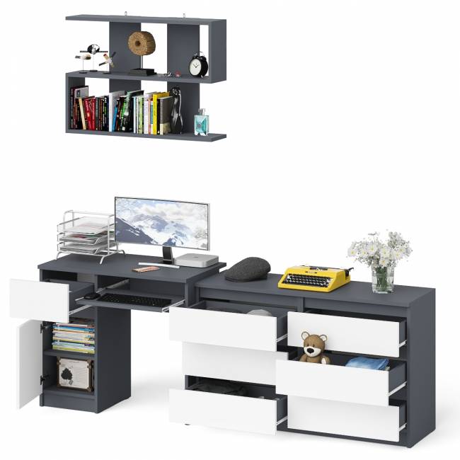 Большой комод на 6-ть ящиков Мори с компьютерным столом МС-1 левый и полка открытая на 900 цвет графит/белый