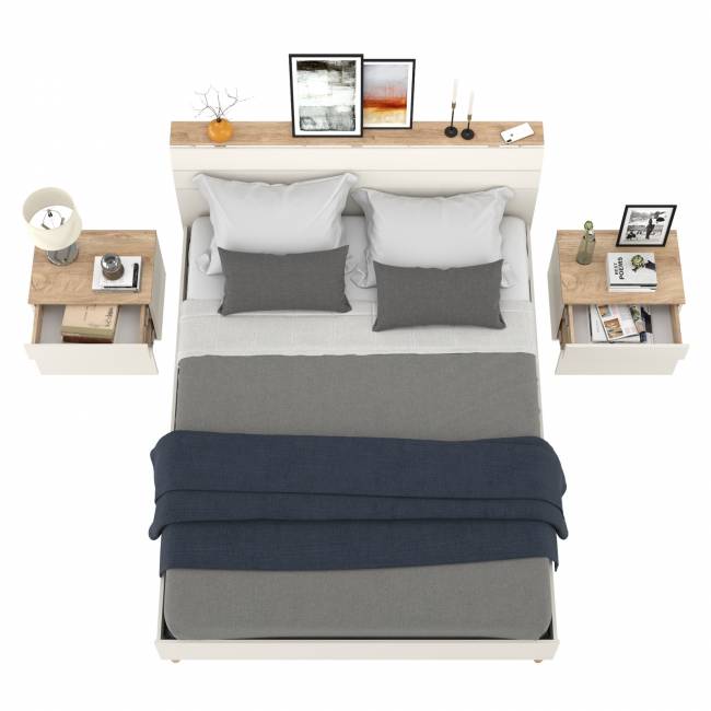 Две прикроватных тумбочки и кровать с основанием 1600 Муссон 11.41 цвет белый/дуб эндгрейн элегантный