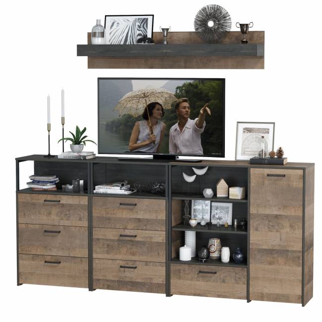 Два комода с ящиками с навесной полкой и комод с ящиком и дверкой в гостиную Трувор цвет дуб гранж песочный/интра