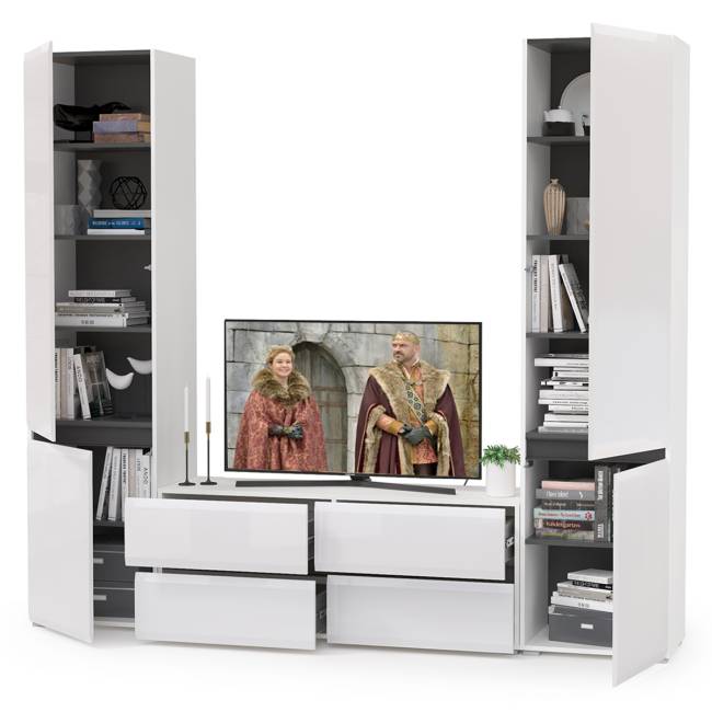 Стенка для гостиной Сидней № 7 цвет белый/чёрный/фасады МДФ белый глянец Стенка для гостиной Сидней № 7 цвет белый/чёрный/фасады МДФ белый глянец