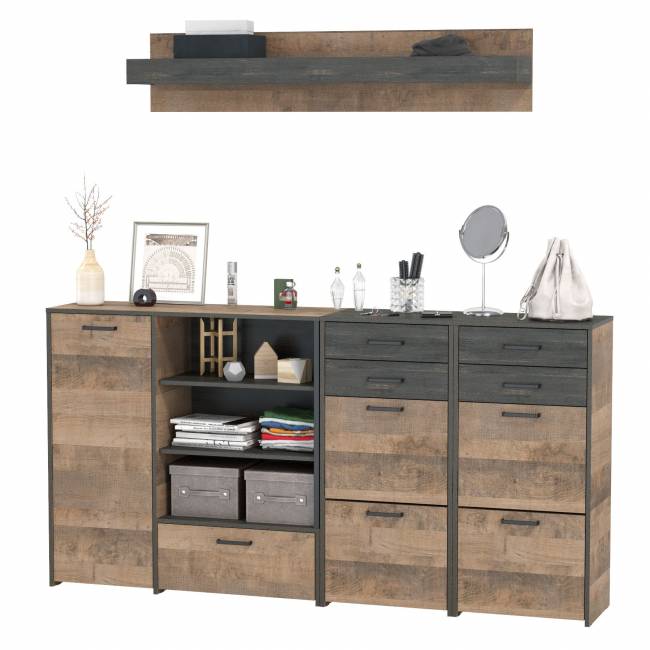 Комод-тумба в прихожую с навесной полкой и двумя обувницами с ящиками Трувор цвет дуб гранж песочный/интра