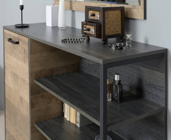 Комод-тумба в прихожую с навесной полкой и двумя обувницами с ящиками Трувор цвет дуб гранж песочный/интра